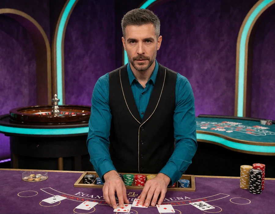 Erwachsener Blackjack-Dealer in einem moderierten Alawin Live Casino Studio