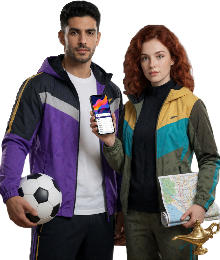 Zwei erwachsene Sportfans mit Fu&szlig;ball und mobilem Wettschein f&uuml;r Alawin Sportwetten und Wett Tipps heute