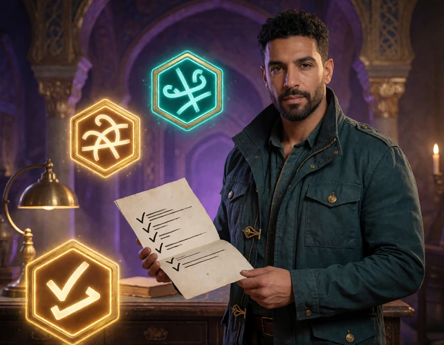 Erwachsener Abenteurer mit drei Bonusmarkern und Konditionsdokument zum Alawin Casino Bonus
